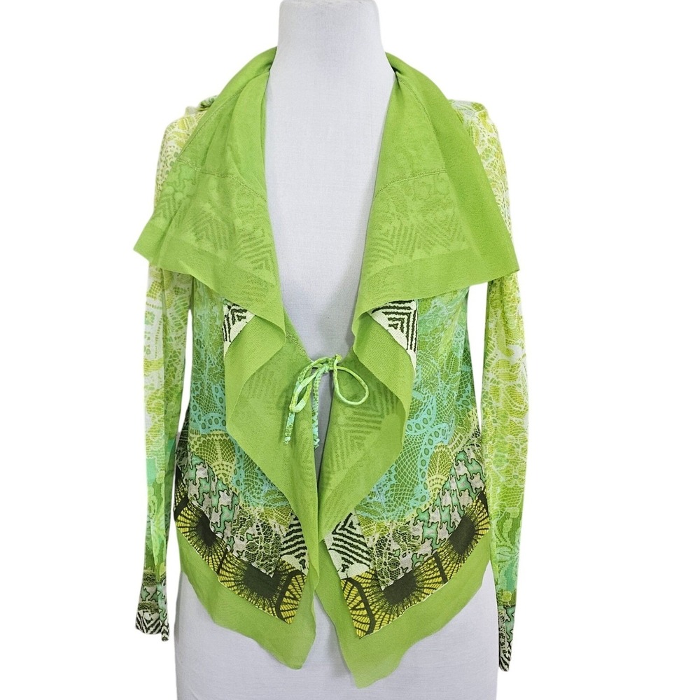 FUZZI Green Multi Pattern Open Ruffle‎ Cardigan Blouse Womens L Italy Mesh